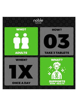 Adults supplement infographic: take 3 tablets once daily, supports bone health