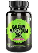 Calcium magnesium zinc supplement bottle with vitamin D3 label, black cap