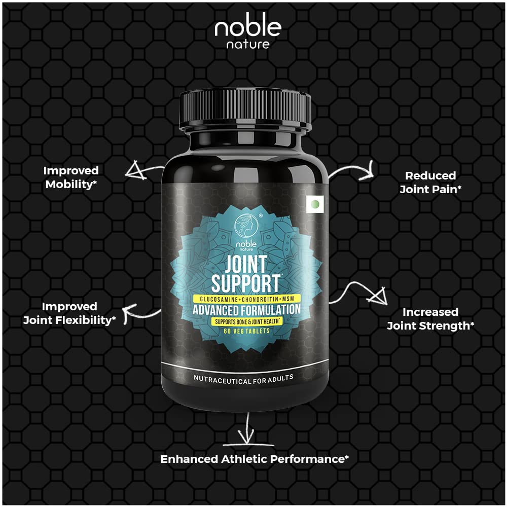 Noble Nature Joint Support bottle on dark honeycomb background with benefits listed joint support supplement UAE
