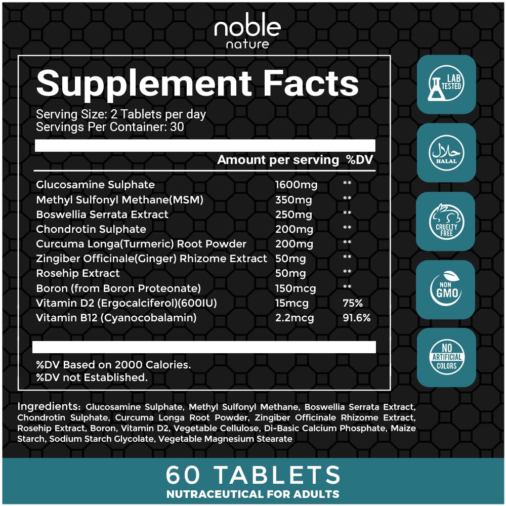 Noble Nature supplement bottle label showing Supplement Facts and ingredients for joint support supplement UAE 60 tablets