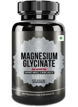 Magnesium glycinate supplement bottle, 550 mg label on dark bottle