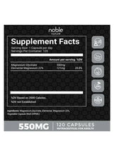 Supplement Facts panel for magnesium glycinate, 550 mg per serving, 120 capsules