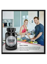 Magnesium glycinate supplement bottle shown in a kitchen lifestyle scene