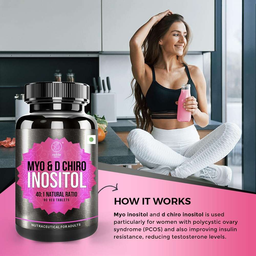Noble Nature PCOS Balance Supplement Myo and D Chiro Inositol bottle beside smiling woman with pink shake in kitchen