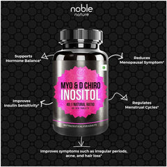 Noble Nature PCOS Balance Supplement . Black bottle of Myo D Chiro Inositol tablets showing hormone balance and menstrual support