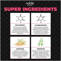 Noble Nature PCOS Balance Supplement showing myo inositol d chiro inositol shatavari and manjistha with chemical structures