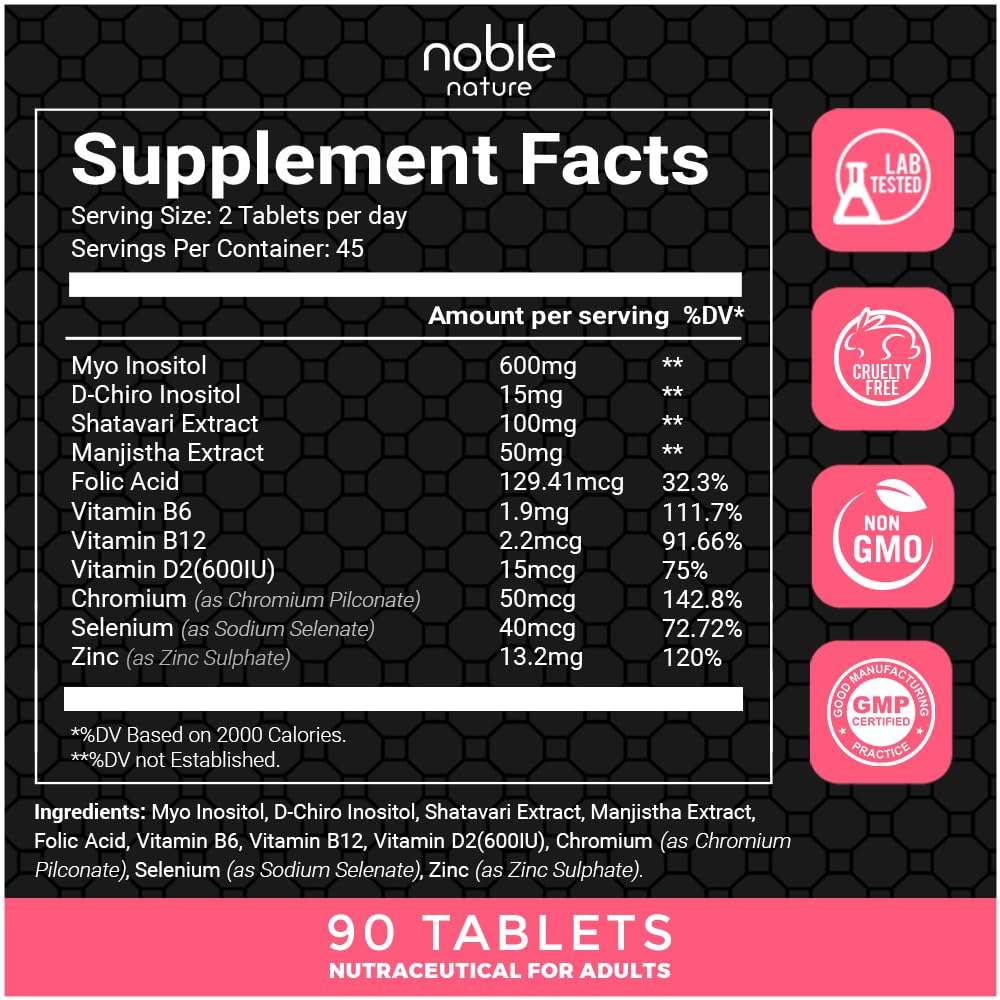 Noble Nature PCOS Balance Supplement label showing Supplement Facts 90 tablets ingredients and certifications