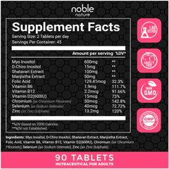 Noble Nature PCOS Balance Supplement label showing Supplement Facts 90 tablets ingredients and certifications