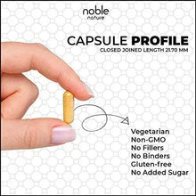 Capsule profile with hand holding a yellow vegetarian supplement capsule and claims
