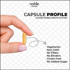 Noble Nature capsule held between fingers turmeric curcumin supplement 95 curcuminoids vegetarian non GMO