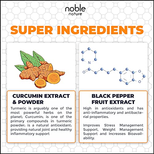 Noble Nature label with turmeric illustration and black pepper molecule text turmeric curcumin supplement 95 curcuminoids