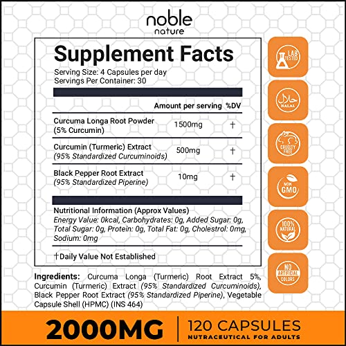 Noble Nature bottle label for turmeric curcumin supplement 95 curcuminoids. 2000mg 120 capsules Supplement Facts
