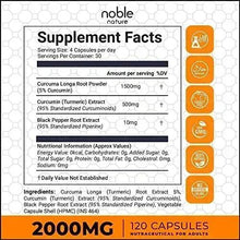 Supplement facts panel for turmeric curcumin with black pepper extract, 2000mg