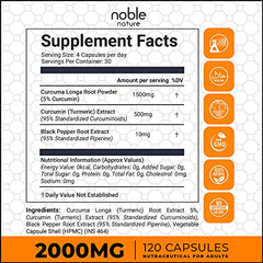 Noble Nature bottle label for turmeric curcumin supplement 95 curcuminoids. 2000mg 120 capsules Supplement Facts