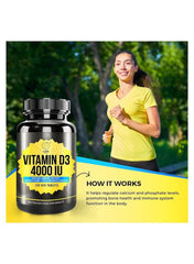 Noble Nature Vitamin D3 4000 IU supplement in a bottle with a woman jogging for bone health