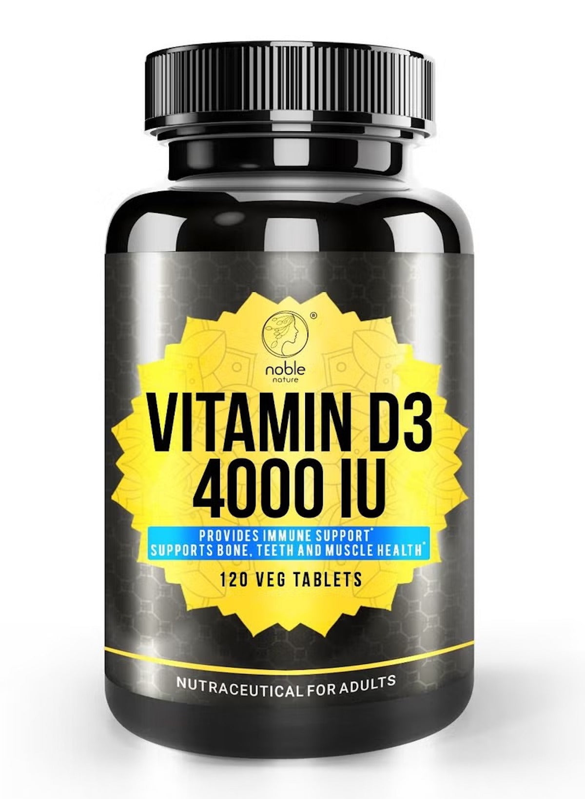 Noble Nature Vitamin D3 4000 IU supplement in a bottle with 120 veg tablets for immune support