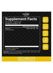 Noble Nature Vitamin D3 4000 IU supplement facts label for adults with 120 tablets per container
