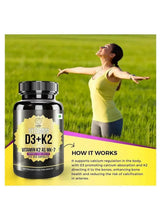 Vitamin D3 + K2 MK7 supplement bottle with how-it-works information card