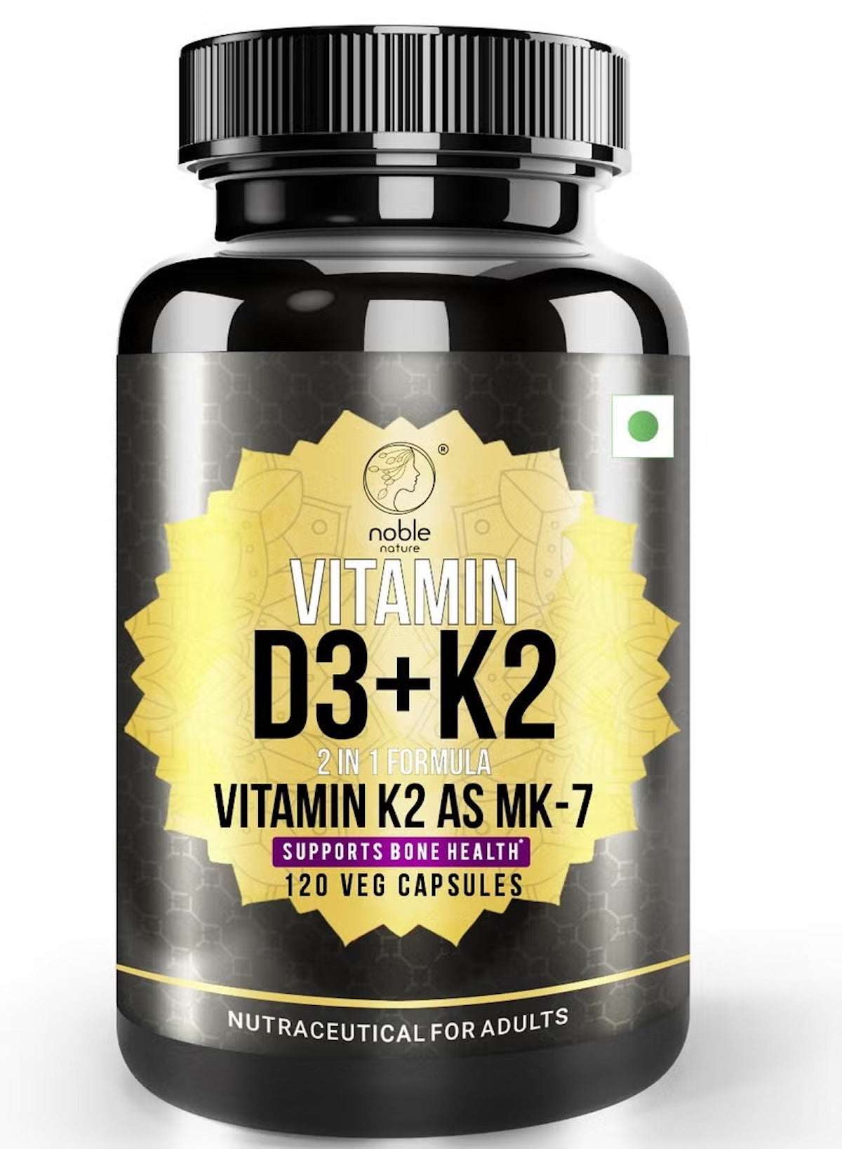 Noble Nature Vitamin D3 K2 supplement UAE in a black bottle with 120 veg capsules promoting bone health