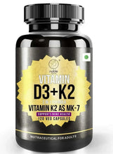 Vitamin D3 + K2 MK7 supplement bottle with 120 vegetarian capsules, black and gold label
