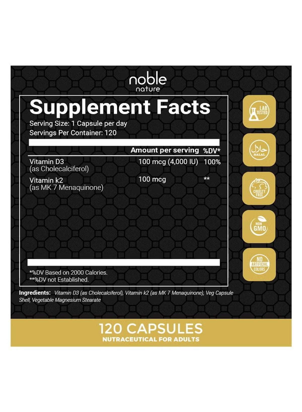Noble Nature Vitamin D3 K2 supplement UAE in a 120-capsule container with serving facts