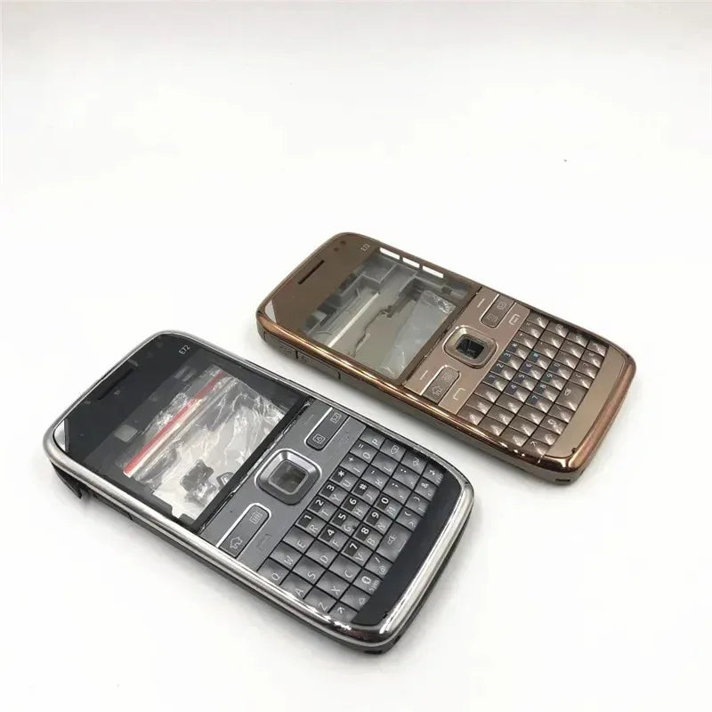 Nokia E72 housing cover replacement front panels in silver and bronze showing keypad frames and screen openings