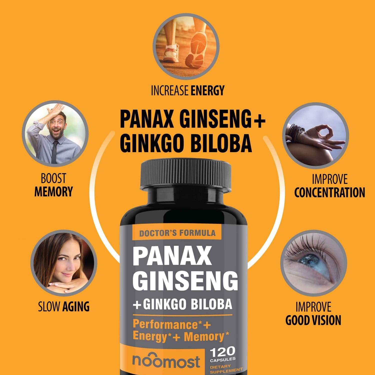 NooMost bottle of Korean red panax ginseng capsules with ginkgo biloba label showing energy memory vision benefits