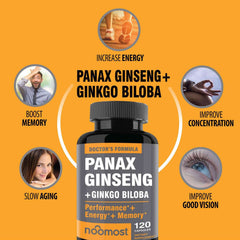 NooMost bottle of Korean red panax ginseng capsules with ginkgo biloba label showing energy memory vision benefits