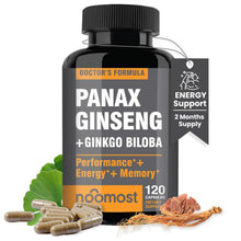 Black supplement bottle labeled Panax Ginseng + Ginkgo Biloba, 120 capsules
