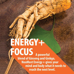 NooMost marketing image showing ginseng root and ginkgo leaf for Korean red panax ginseng capsules promoting energy and focus