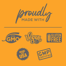 Supplement certification badges: Vegan, Non-GMO, Gluten Free, Made in USA, GMP Certified