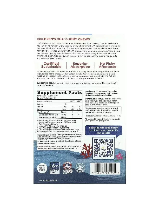 Nordic Naturals Children’s DHA Gummy Chews – Tropical Punch, 600 mg, 30 Gummies - Mumzar