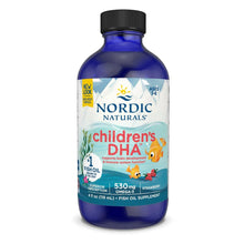 Kids DHA fish oil supplement bottle with strawberry label and black cap