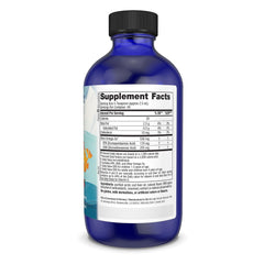 Blue glass bottle back showing Supplement Facts label for Nordic Naturals kids omega 3 liquid supplement
