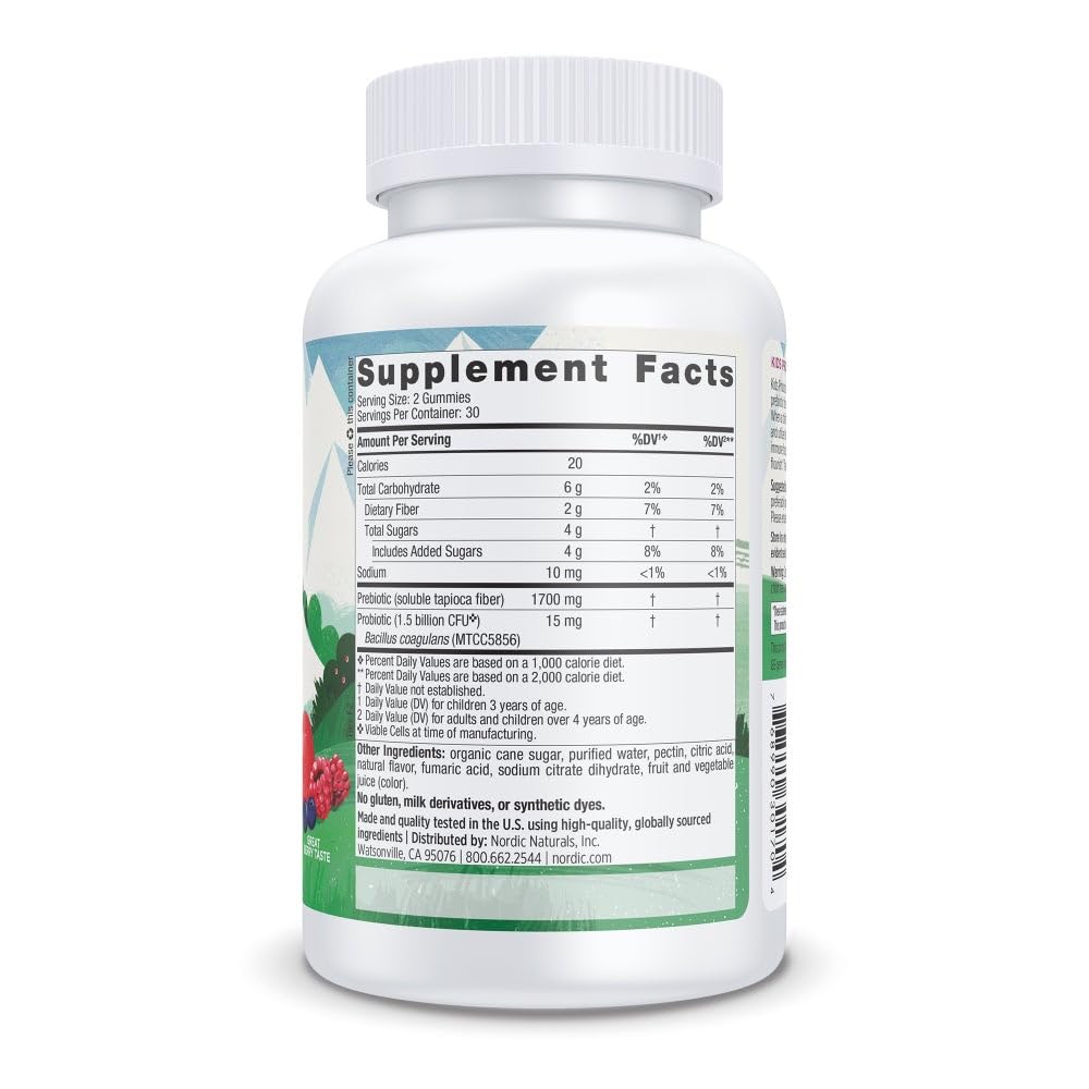 Bottle back label showing Supplement Facts and berries image for Nordic Naturals probiotic gummies for kids
