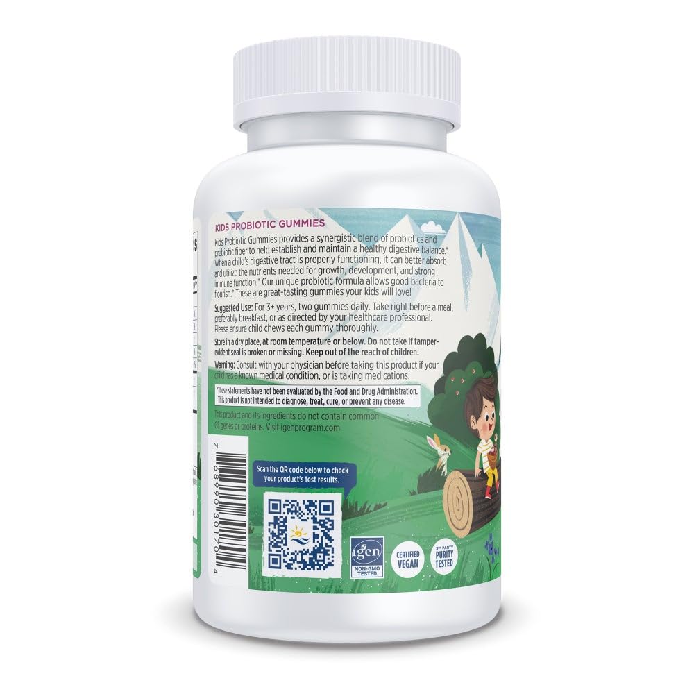 Bottle back label of Nordic Naturals probiotic gummies for kids showing ingredients QR code dosage and cartoon child