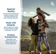 Family in mountains with child on fathers shoulders promoting Nordic Naturals probiotic gummies for kids and quality claims