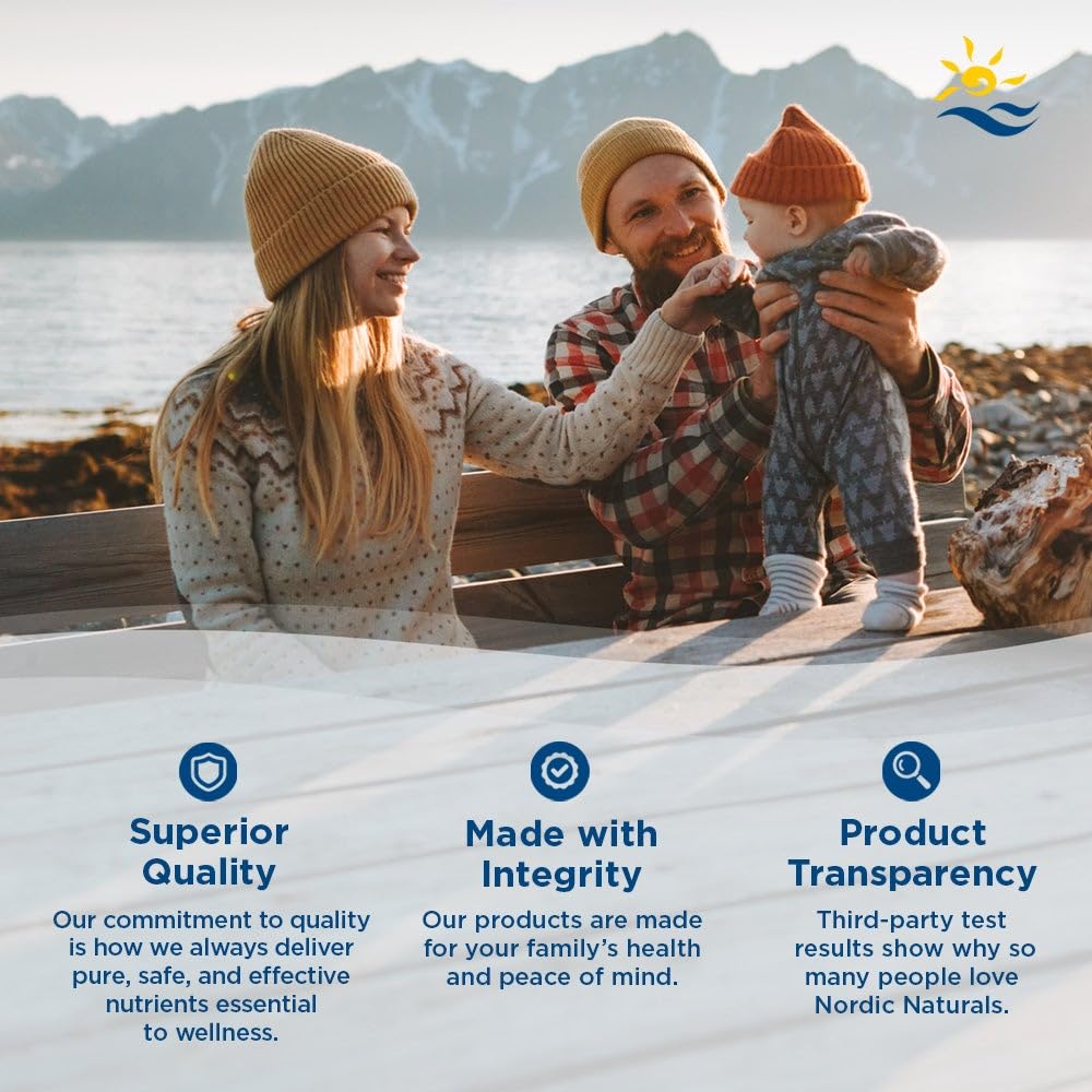 Parents and baby on a bench by mountains and water promoting Nordic Naturals probiotic gummies for kids