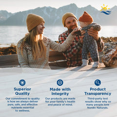 Parents and baby on a bench by mountains and water promoting Nordic Naturals probiotic gummies for kids