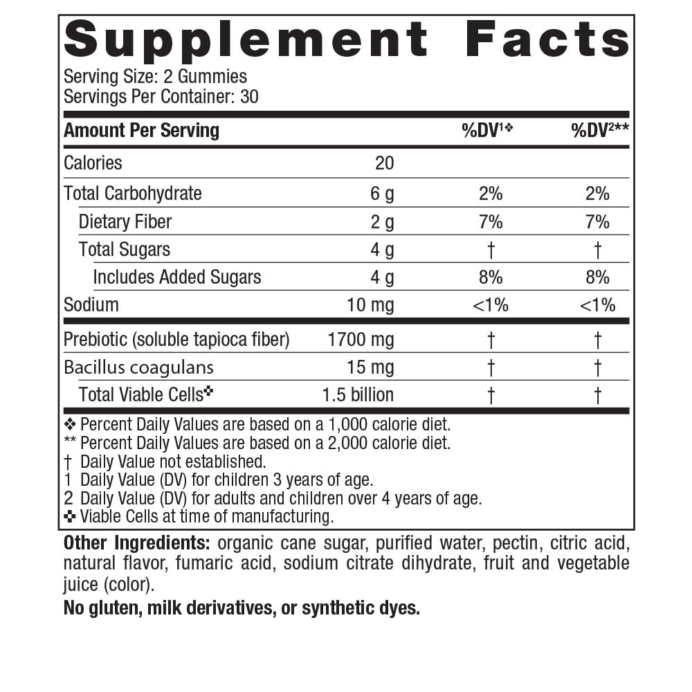 Nordic Naturals probiotic gummies for kids Supplement Facts label showing 1.5 billion viable cells prebiotic tapioca fiber