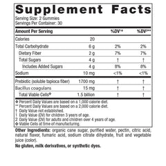 Nordic Naturals probiotic gummies for kids Supplement Facts label showing 1.5 billion viable cells prebiotic tapioca fiber