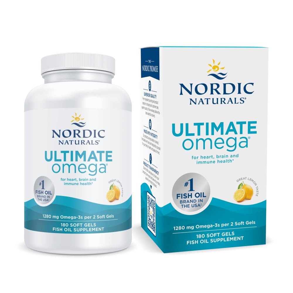 Nordic Naturals Ultimate Omega 180 softgels for heart, brain, and immune health with lemon flavor.
