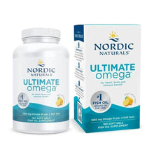 Nordic Naturals Ultimate Omega fish oil bottle and box, 180 softgels