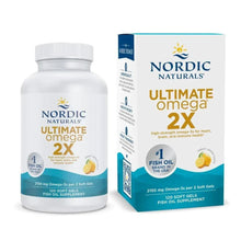 Omega-3 supplement bottle with white cap, Nordic Naturals Ultimate 2X label