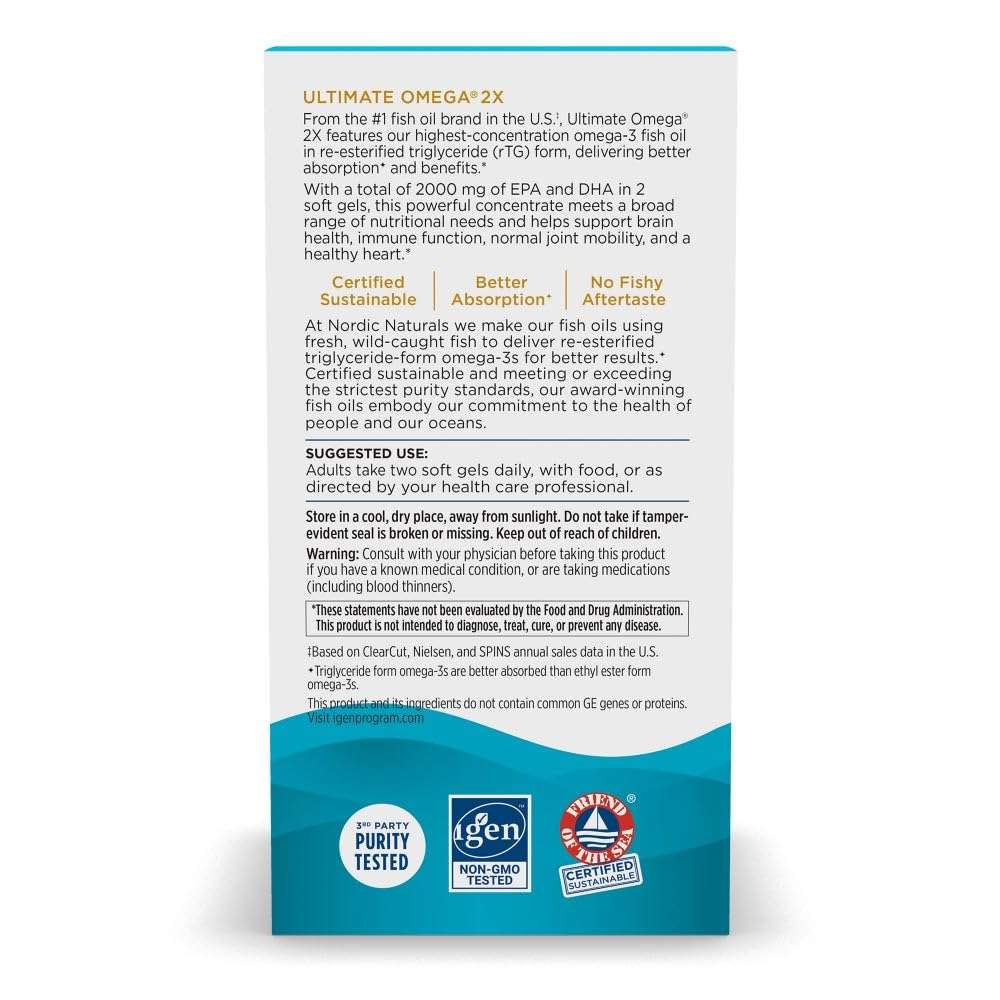 Back of Nordic Naturals Ultimate Omega 2X fish oil box label showing benefits seals ultimate omega 3 supplement UAE