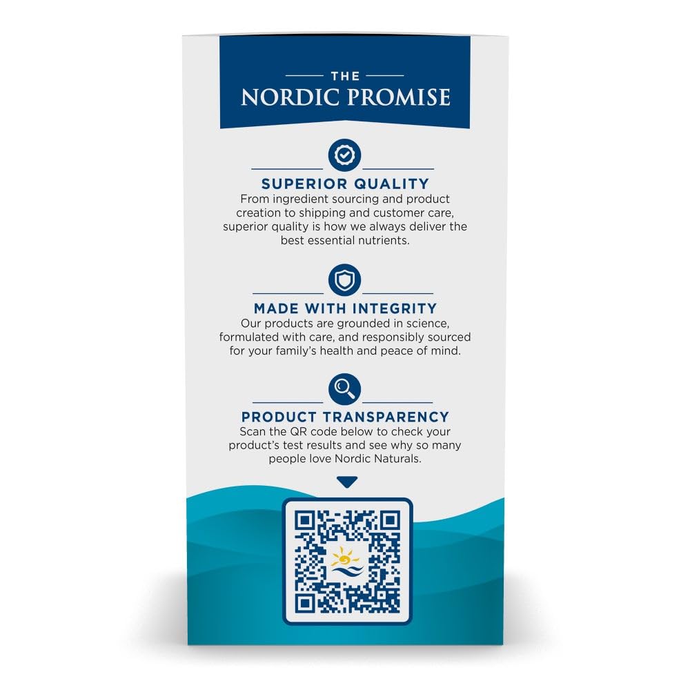 Nordic Naturals back panel showing The Nordic Promise quality claims and QR code for ultimate omega 3 supplement UAE