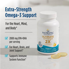 Nordic Naturals bottle with two soft gels and label reading extra strength omega 3 support ultimate omega 3 supplement UAE