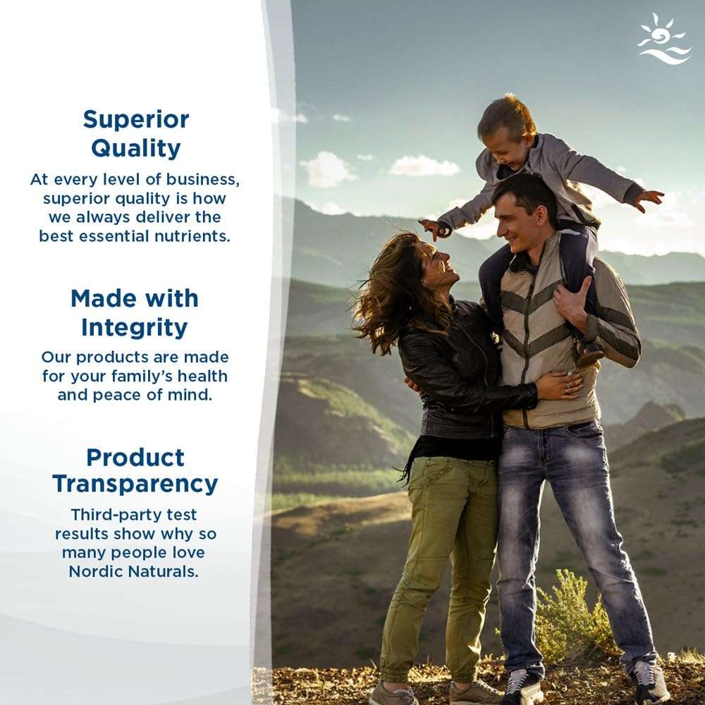Nordic Naturals family outdoors ad with parents and child and product claims ultimate omega 3 supplement UAE