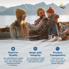 Nordic Naturals family by mountain lake with parents holding baby and overlay superior quality ultimate omega 3 supplement UAE