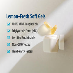 Nordic Naturals lemon fresh soft gels with two yellow capsules and purity checklist ultimate omega 3 supplement UAE